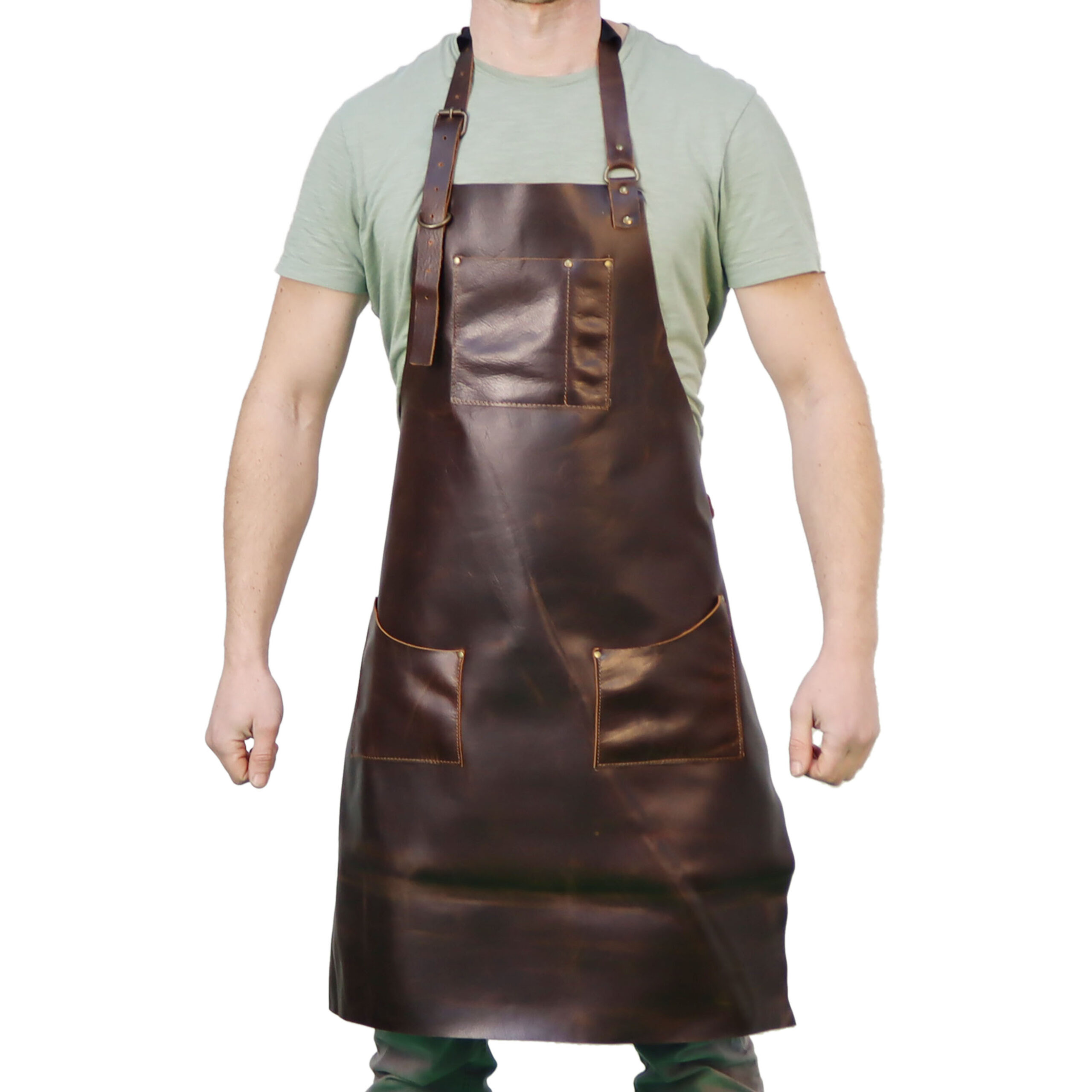 Dunkelbraune Schmiedeschürze 5130 – Vorderansicht am Modell Dunkelbraune Schmiedeschürze 5130 – Vorderansicht am Modell