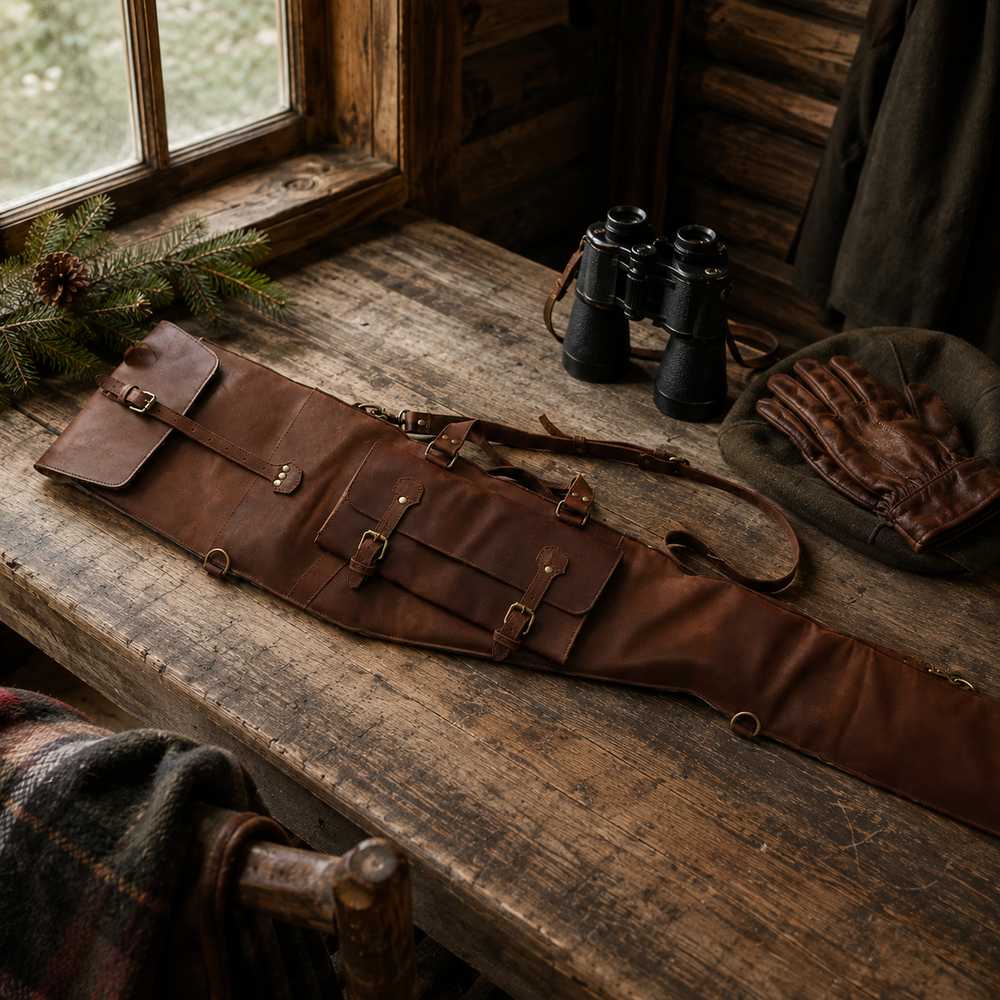 Gewehrfutteral Trapper auf einem Holztisch in einer Jagdhütte