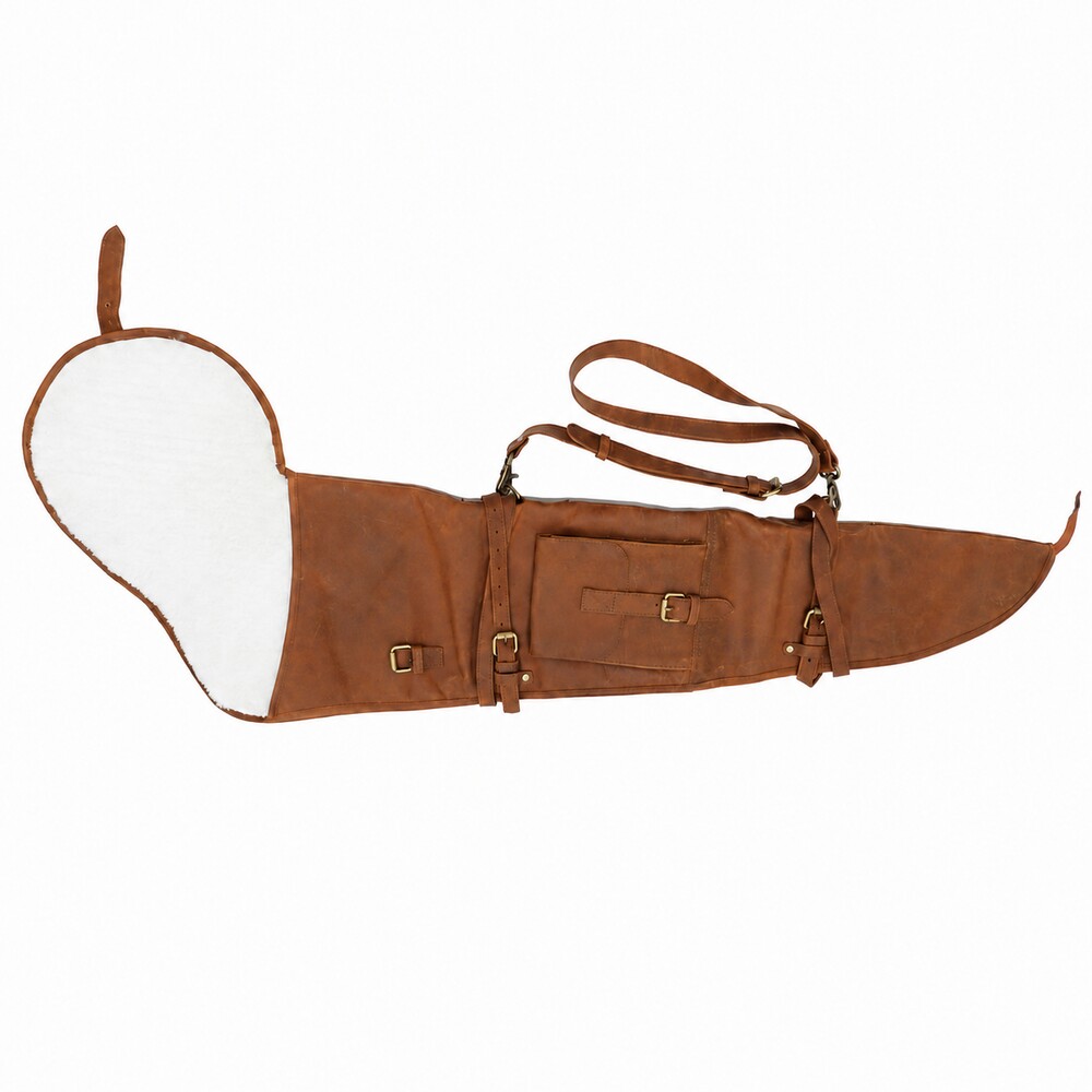 Western Leder-Gewehrfutteral – geöffnet Geöffnetes Western Leder-Gewehrfutteral mit Schultergurt